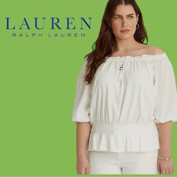 ☀️☀️☀️ Lauren Ralph Lauren Plus Size White Off The Shoulder Eyelet Jersey - Picture 1 of 9
